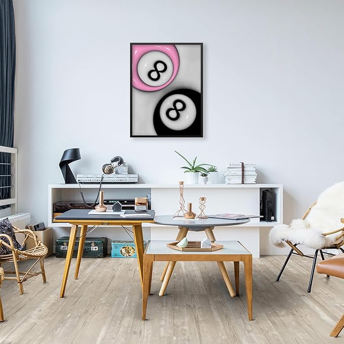 Trendy Pink and Black 8 Billiards Balls Poster Retro Pool Ball Couple Wall Art Y2K Aesthetic Canvas Prints 12x16 inch Black Framed Preppy Room Wall Decor for Billiard Hall College Dorm