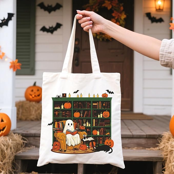 Halloween Canvas Tote Bag Vintage Ghost Canvas Bag Cute Funny Trick Or Treat Reusable Cotton Bag Shopping Tote Handbag For Women Holiday Grocery Beach Handbag With Shoulder