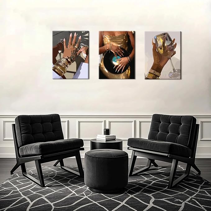 Black Girl Wall Art Set of 3, Gold African American Woman Wall Decor Painting Black People Canvas Poster Prints Pictures Aesthetics for Living Room Bedroom Dorm Framed 16x24 inch