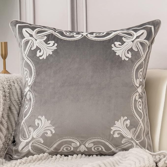 Aeckself European Floral Pillow Cover 16x16 Inch, Luxury Velvet Embroidered Decorative Throw Pillow Cover for Couch Bedroom Living Room, Grey and White