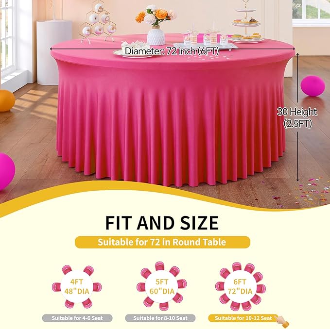 Outpain 6 Pack Hot Pink 72inch Spandex Round Tablecloths, Stretchy 132inch Fitted 6FT Round Table Cloths, Wrinkle Free Table Cover with Skirt for Wedding Party Dining Banquet