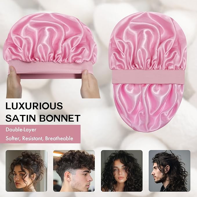 Satin Silk Bonnet for Sleeping, Double Layer Silk Sleep Cap for Men & Women, Soft Satin Lined Bonnet for Natural & Curly Hair(Pink)