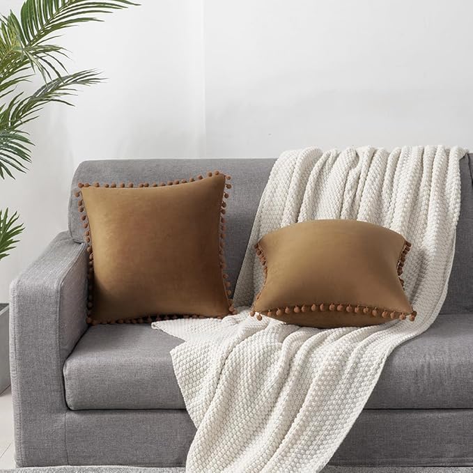 DEZENE Throw Pillow Cases 22x22 Golden Brown: 2 Pack Cozy Soft Pom-poms Velvet Square Decorative Pillow Covers for Farmhouse Home Decor