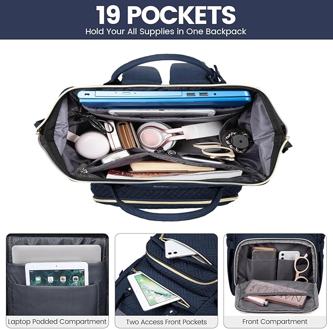 LOVEVOOK Laptop Backpack for Women,15.6 Inch Professional Womens Travel Backpack Purse Computer Laptop Bag Nurse Teacher Backpack,Waterproof Work Bags Carry on Back Pack with USB Port,Dark Blue Plait