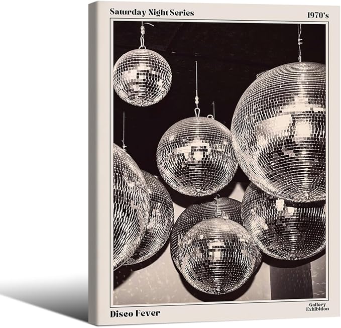 70s Disco Ball Newspaper Wall Art Vintage Black and White Art Posters 08x10 inch Framed Funky Aesthetic Canvas Prints Retro Bar Cart Decor for Bar Bedroom