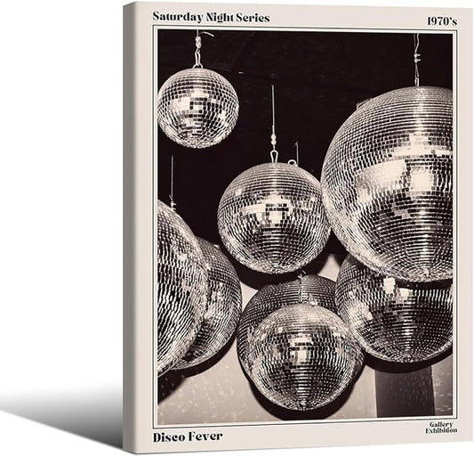 70s Disco Ball Newspaper Wall Art Vintage Black and White Art Posters 08x10 inch Framed Funky Aesthetic Canvas Prints Retro Bar Cart Decor for Bar Bedroom