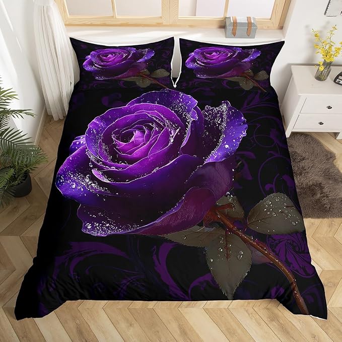 3D Rose Print Bedding Set,Romantic Purple Rose Duvet Cover for Kids Teen Boys Girls,Lover Couple Gifts Comforter Cover Decorative Room,Luxury Modern Floral Quilt Cover with 2 Pillowcases,Full Size