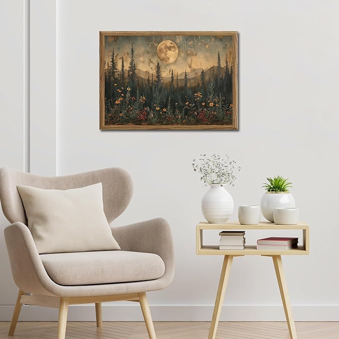 Vintage Moon Forest Wall Art, 3D Textured Nature Landscape Wall Decor Paintings, Hand Drawn Sandstone Woodland Wildflower Picture Prints Artwork for Bedroom Living Room 16x24 inch Wood Framed