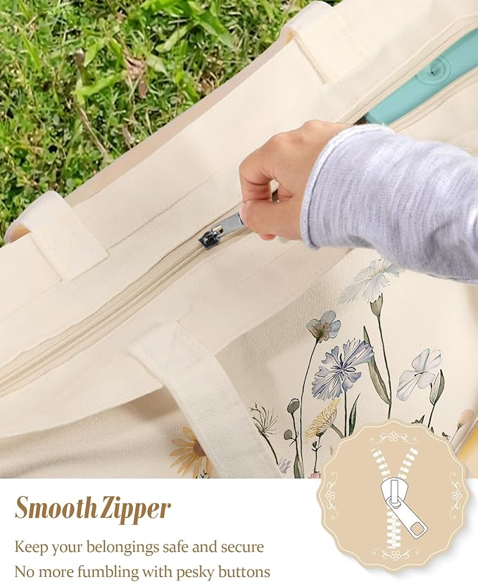 Large Tote Bag for Women - Aesthetic Cute Big Canvas Bags with Zipper Cotton Shoulder Bag for Gym, Travel, Work