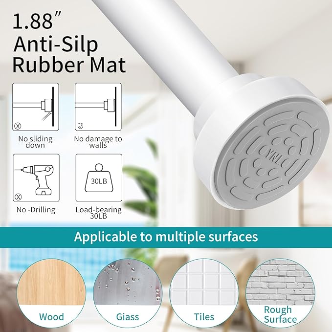 YNL Shower Curtain Rod 34-82 Inches (2.8-6.8ft) Adjustable Spring Shower Rod No Drilling, Non-Slip, Never Rust, Stainless Steel, Suitable for Bathroom Window Living room, White