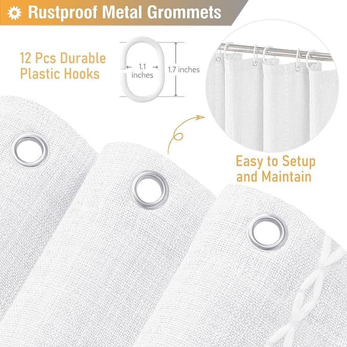 BTTN White Farmhouse Shower Curtain, Boho Linen Striped Heavy Duty Fabric Shower Curtain Set with Tassel, Bohemian Country Ultra Thick Shower Curtain for Bathroom, Wrinkle Free, Water Repellent, 72x72