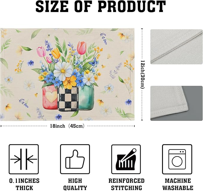 Giwawa Spring Flower Vases Placemats Set of 4 Watercolor Floral Mason Jar Place Mat 12x18 Inch Wildflower Botanical Plant Table Mats Heat Resistance for Kitchen Dining Party Picnic Decor