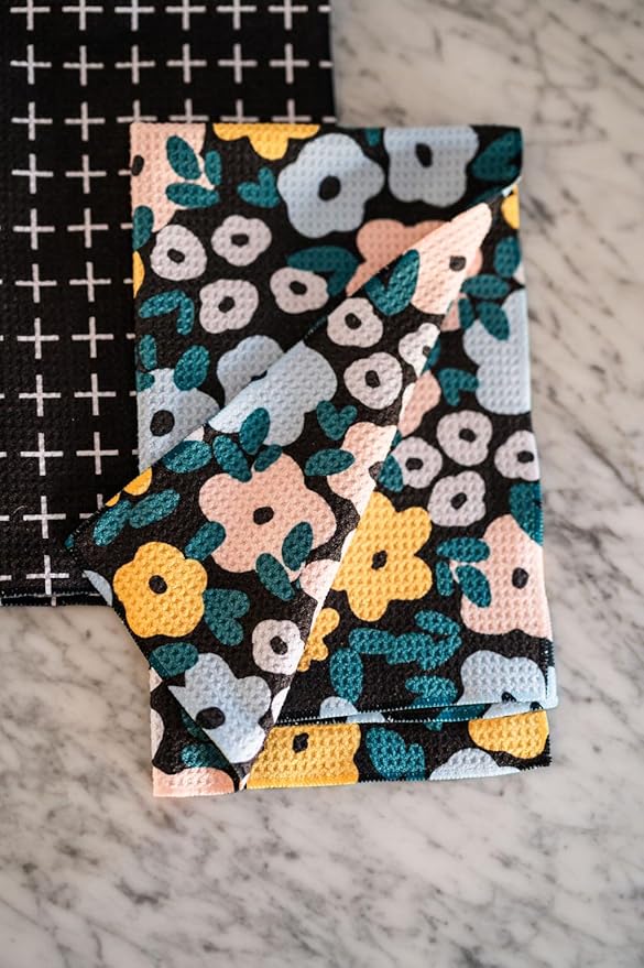 || 3 Pack|| Double Sided || Not Your Ordinary Dish Towels || Waffle Weave Microfiber || Highly Absorbent || Hanging Loop || Dish Cloths || Modern || Designer Prints|| Black and Yellow