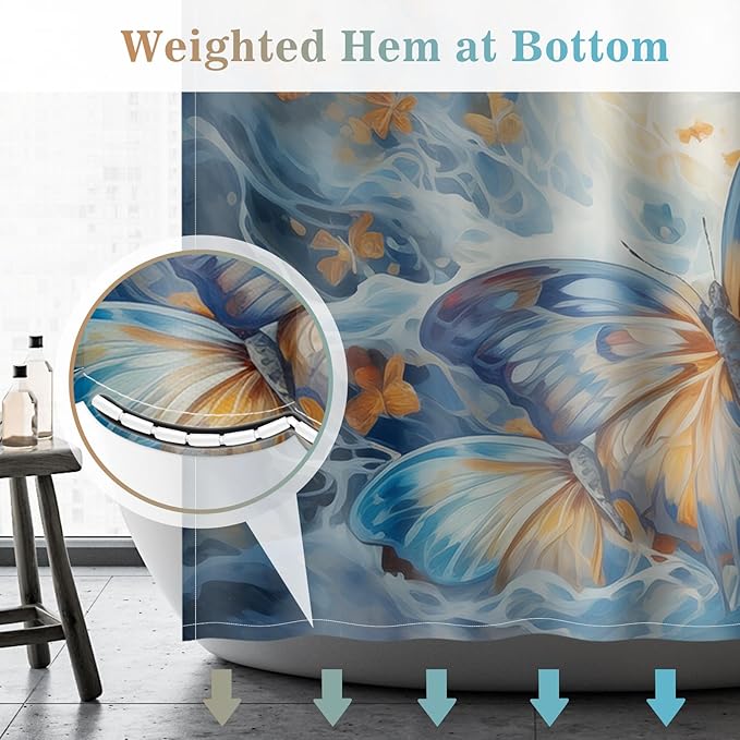 Aimego Long Butterfly Shower Curtain - Blue Burnt Orange Butterflies Watercolor Oil Painting Spring Summer Shower Curtain Set with 12 Hooks for Bathroom Decor Accessories Bathtub Curtain, 72"x78"