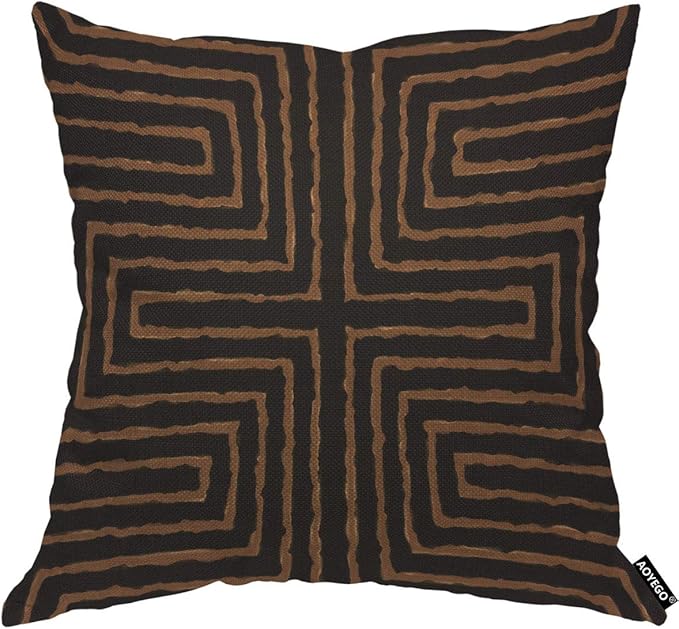 AOYEGO Pouf Maze Tribal African Design Throw Pillow Cover Labyrinth Linear Doodle Brain Mind Game Symmetric Symmetrical Simple Brown Pillow Case 18x18 Inch Decorative Men Women Room Cushion