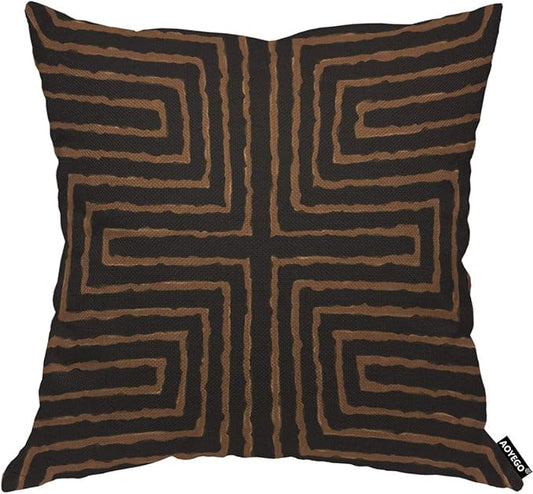 AOYEGO Pouf Maze Tribal African Design Throw Pillow Cover Labyrinth Linear Doodle Brain Mind Game Symmetric Symmetrical Simple Brown Pillow Case 18x18 Inch Decorative Men Women Room Cushion