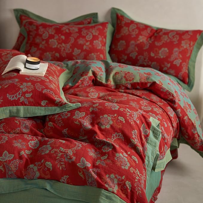mixinni Exquisite Vintage Red Floral Duvet Cover King Size Yarn-Dyed Jacquard Textured Design Duvet Cover Set with Green Edge Design Premium Muslin Cotton-Linen Bedding Set for All Season-King Size