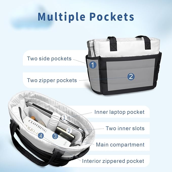 TOPDesign Puffer Tote Bag for Women, Lightweight Puffy Handbag with Compartments, Quilted Shoulder Bag for Work, Travel, Gym