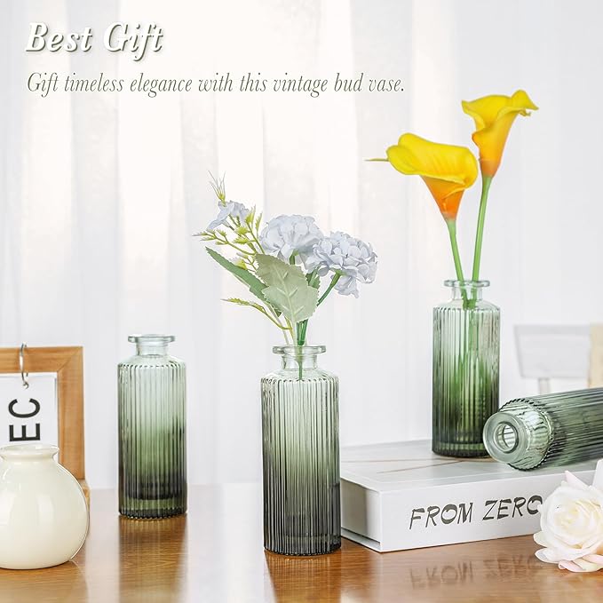 Green Glass Bud Vases Set of 12, Mini Ribbed Flower Vase for Centerpieces, Small Glass Vases in Bulk for Wedding Decorations, Vintage Vase for Table, Housewarming Gift, Home Décor