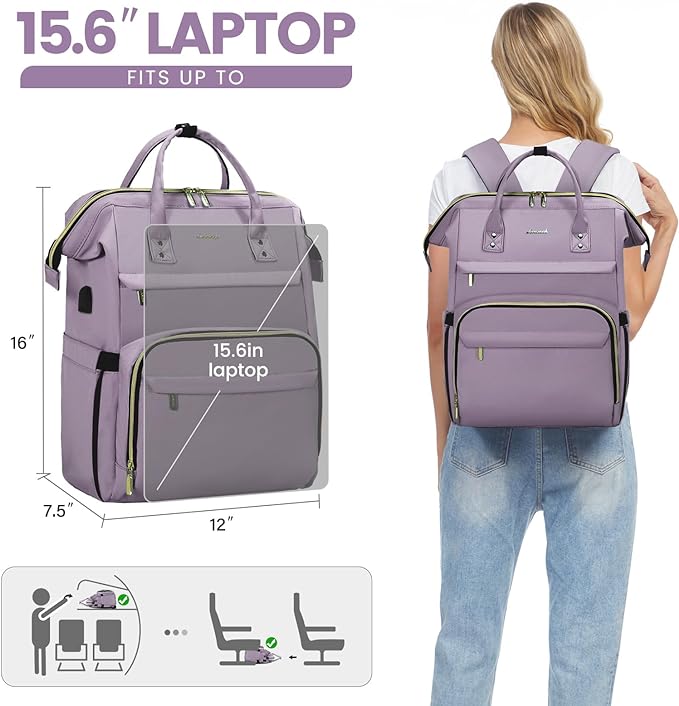 LOVEVOOK Laptop Backpack for Women,15.6 Inch Professional Womens Travel Backpack Purse Computer Laptop Bag Nurse Teacher Backpack,Waterproof Work Bags Carry on Back Pack with USB Port,Light Purple