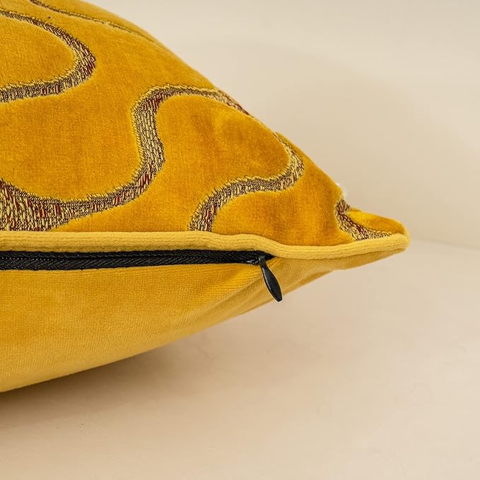 Yangest Yellow Square Throw Pillow Cover Wavy Velvet Cushion Cover Modern Zippered Pillowcase for Sofa Couch Bedroom Living Room Chair, 18 x 18 Inch