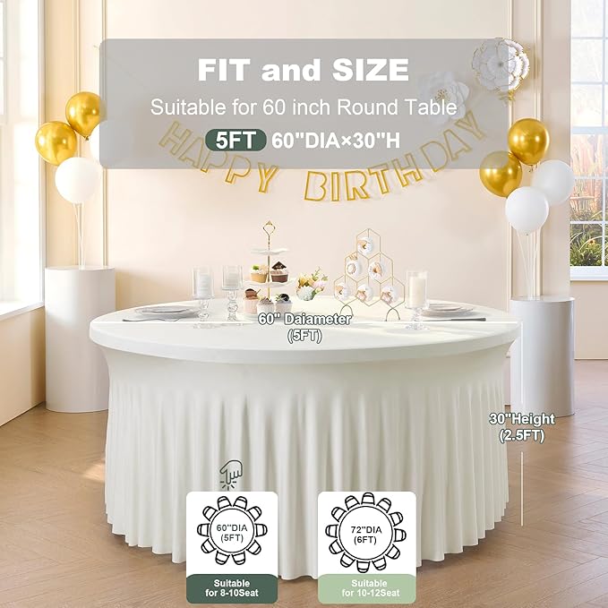 Outpain 12 Pack Spandex Ivory Round Tablecloths for 60in Tables, 120Inch Stretchy Fitted 5FT Round Table Clothes,Wrinkle Free Table Cover with Skirt for Wedding Party Dining Banquet