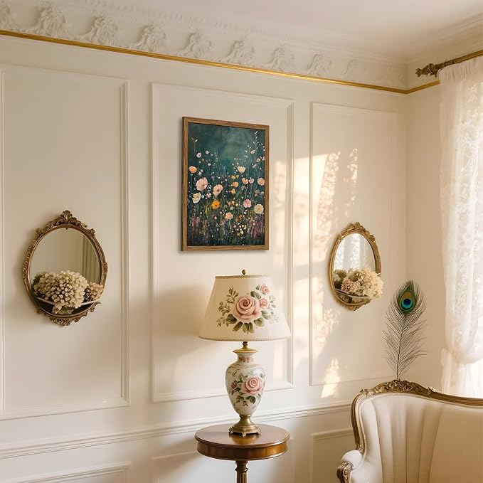 Framed 3D Textured Vintage Wildflower Wall Art, Green Flower Wall Decor Painting, Hand Drawn Sandstone Farmhouse Botanical Landscape Pictures Artwork for Living Room Bedroom 16x24 inch Wood Frame