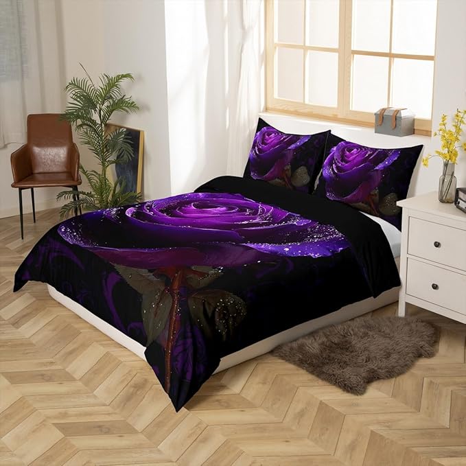 Purple Rose Duvet Cover Set King Size for Boys Women Men Romantic Floral Bedding Set Valentine's Day Present Comforter Cover Couple Bedspread Cover with 2 Pillow Shams Microfiber Quilt Cover 3 Pieces