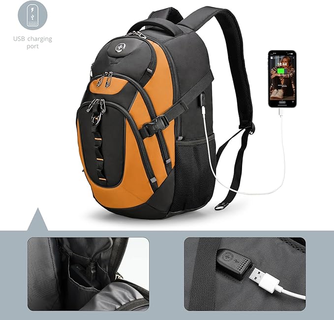 Swissdigital Design Laptop Backpack with USB Charging Port, Travel Backpack Fits 15.6 inches Computer, 31L College School Backpack for Men, Orange/Black | SD803
