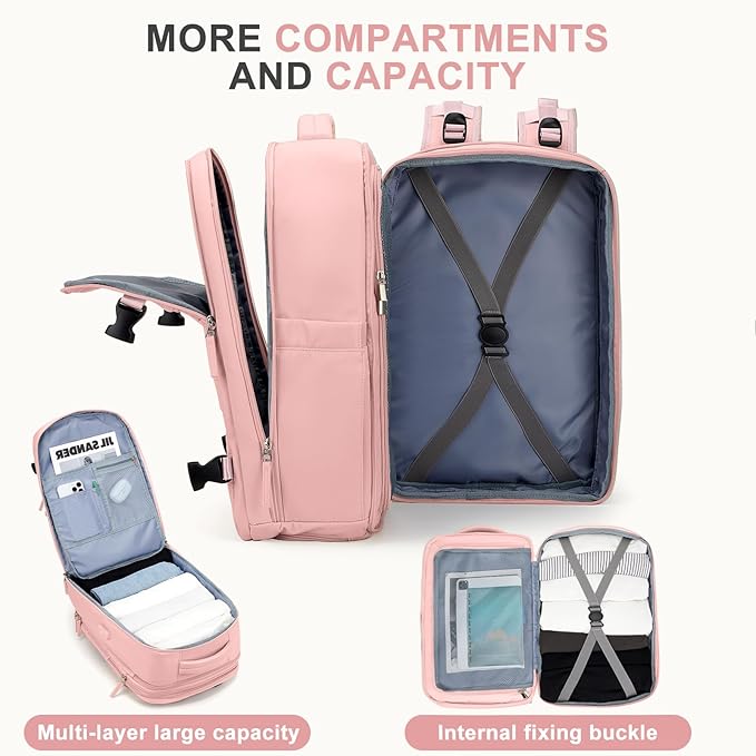 coowoz Large Travel Backpack For Women Men, Carry On Backpack,Hiking Backpack Waterproof Outdoor Sports Rucksack Casual Daypack Expandable Heavy Duty Extra large Backpack Pink Expansion