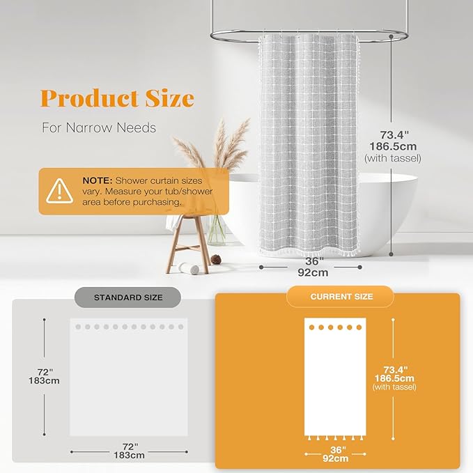 BTTN Boho Shower Stall Curtain - 36x72 Narrow Linen Ultra Thick Tassel Fabric Shower Curtain Set with 6 Plastic Hooks, Half Modern Farmhouse Country Weighted Shower Curtains for Bathroom - Gray/Grey
