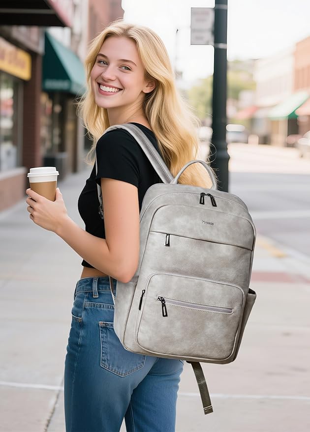 Leather Laptop Backpack for Women 15.6 Inch Laptop Travel Backpack Purse Casual Daypack with Laptop Compartment for College Work Nurse Business Weekender, Grey