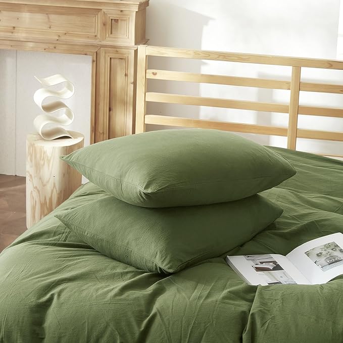 AMWAN Solid Color Army Green Duvet Cover King Size Bedding Sets Natural Washed Cotton Comforter Cover Dark Green Bedding Duvet Cover for Men Women Simple Style Green Bedding Collection