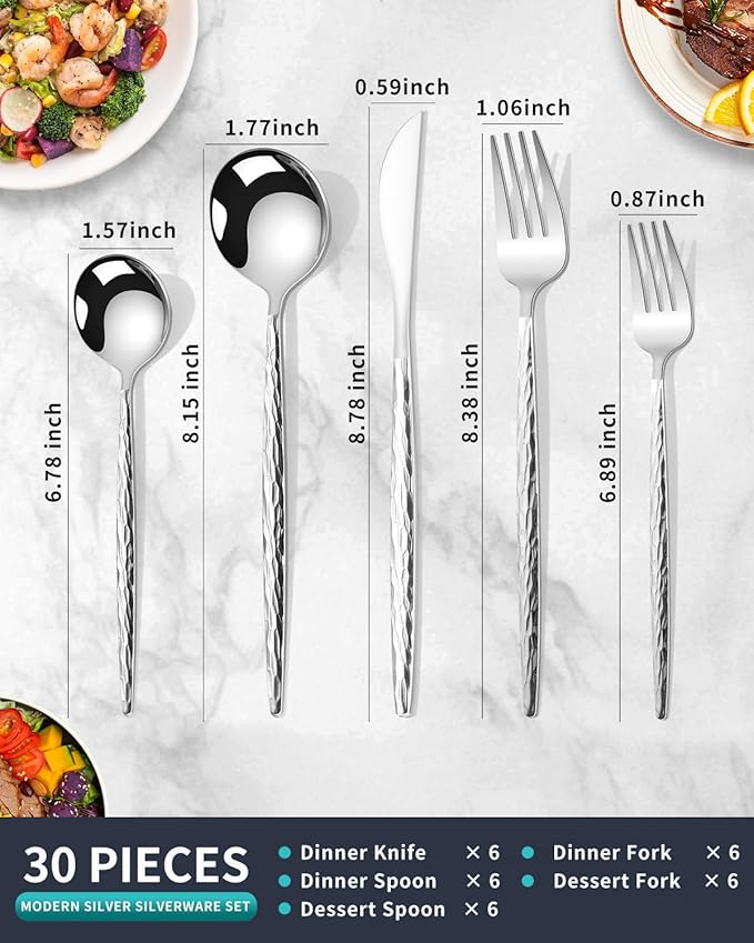 Hammered Silverware Set,30 Piece Stainless Steel Flatware Set for 6,Modern Cutlery Set,Includes Spoon Fork Knives Set,Home Kitchen and Restaurant,Dishwasher Safe (Silver)