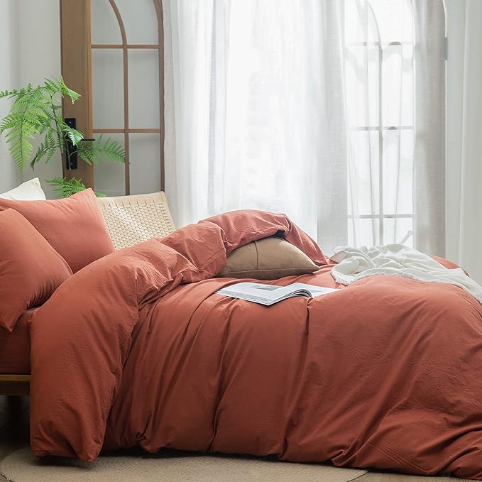 BESTOUCH Duvet Cover Set 100% Washed Cotton Linen Feel Super Soft Comfortable Chic Lightweight 3 PCs Home Bedding Set Solid Crimson Red Full/Double