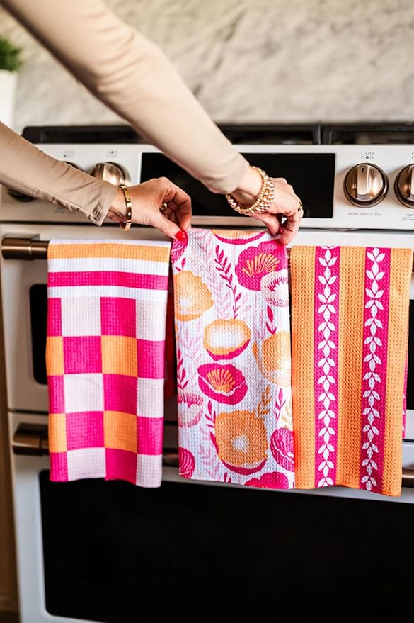 || 3 Pack|| Double Sided || Not Your Ordinary Dish Towels || Waffle Weave Microfiber || Highly Absorbent || Hanging Loop || Dish Cloths || Modern || Designer Prints|| Pink & Orange