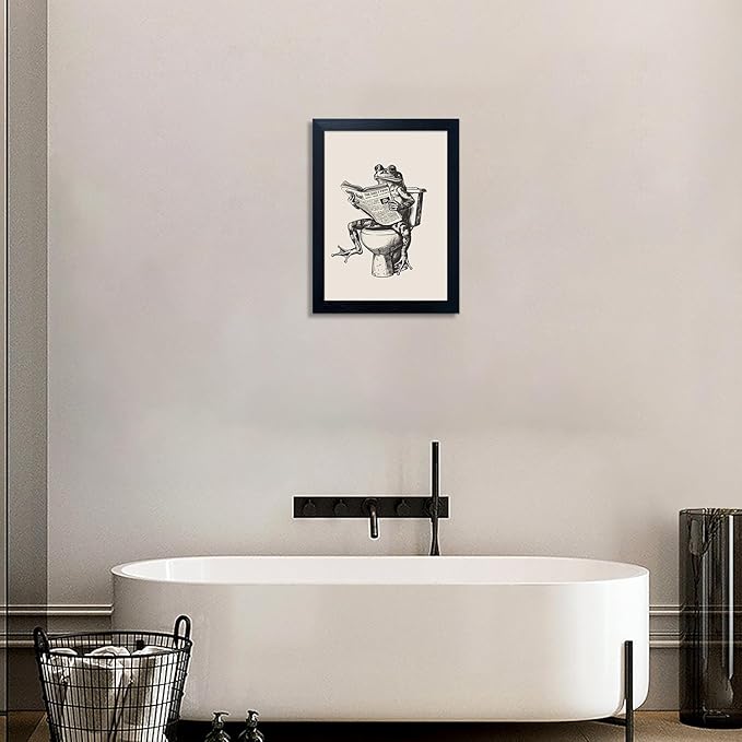Bathroom Decor Wall Art, Funny Animal Bathroom Wall Art, Frog on Toilet Reading Newspaper Canvas Painting, Frog Art Print Pictures for Wall Decoration