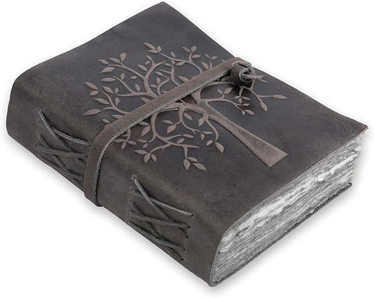 LEATHER VILLAGE Tree of Life Journal - 6 X 4 (A6) inches - Rustic Black - 200 Antique Deckle Edge Handmade Paper – Book of Shadows - Vintage Leather Bound Journal for Women & Men