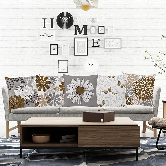 COMMINY Brown Grey Pillow Covers 18x18 Set of 6 Decorative Daisy Flower Throw Pillow Cover for Couch Modern Coffee Pillow Case for Patio Living Room Cushion Bed Farmhouse Home Decor