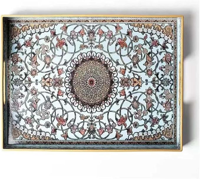 Large Plastic Serving Tray with Handles,Decorative Tray for Ottoman Coffee Table,Large Rectangular Boho Tray for Living Room Bathroom and Kitchen Counter,16"X12"
