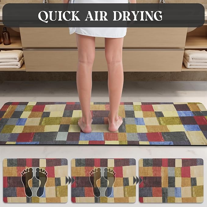 MontVoo -Bath Mat-Non Slip Thin Bathroom Rugs Fit Under Door- Quick Dry Absorbent Faux Suede Surface Grey Bathroom Floor Mats-Shower Rug for in Front of Bathtub Shower Retro Colors Plaid 17x59