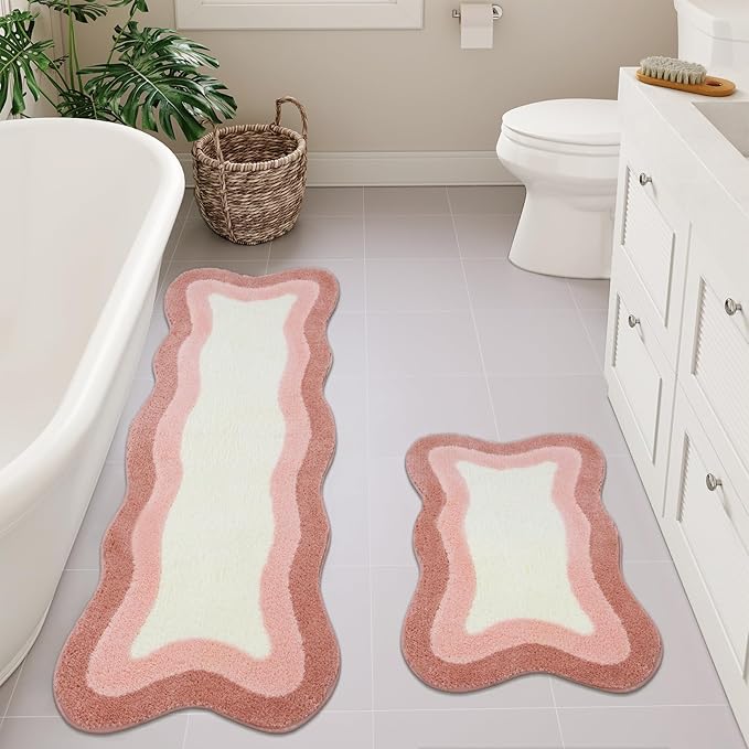 HAOCOO Pink Bathroom Rug Runner, 24x59 Inch Soft Non Slip Bath Rugs for Bathroom, Microfiber Absorbent Washable Irregular Shaped Rug Floor Mat for Bedroom Bathtub Tub Shower