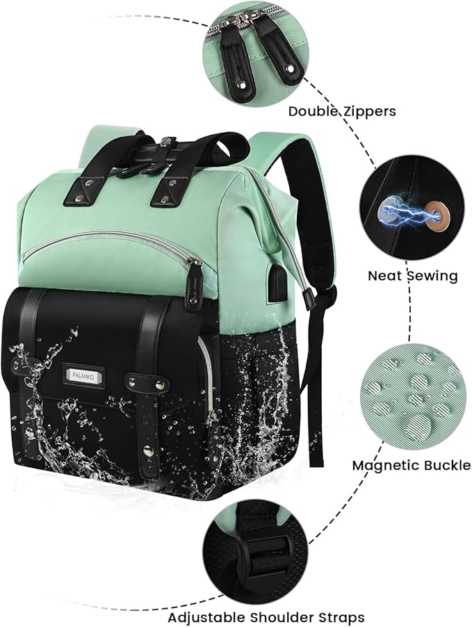FALANKO Laptop Backpack for Women,College Work Teacher backpack for 15.6 Inch laptop with USB Charging Port,Travel Anti Theft Laptops Backpack RFID Anti Theft, Shoulder Purse Bags Green Black