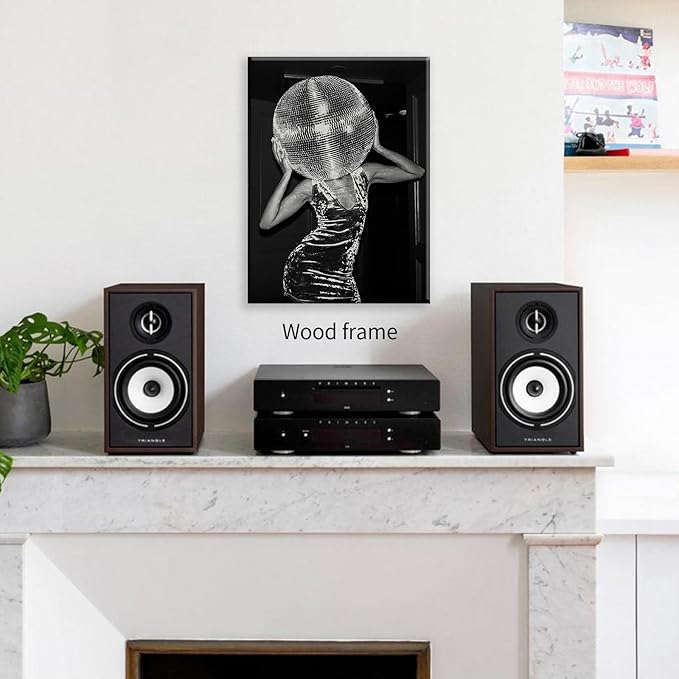 Vintage Funky Y2k Hot Girl Poster Black and White Disco Ball Canvas Wall Art 12x16 inch Framed Trendy Preppy Bar Cart Decor for Living Room Dorm