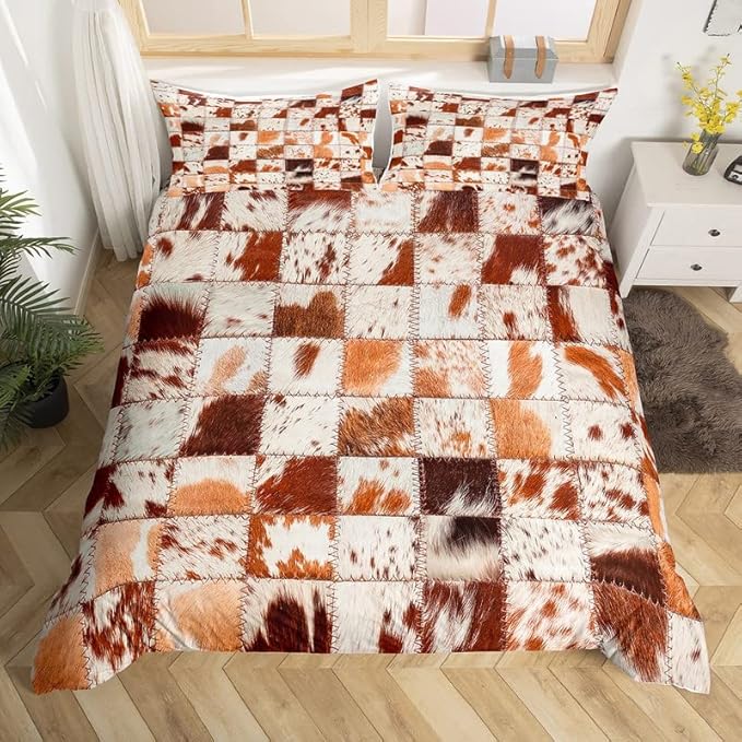Feelyou Retro Farmhouse Duvet Cover Set Splicing Cow Printed Comforter Cover for Kids Adults Cattle Fur Country Style Bedding Set 1 Duvet Cover & 2 Pillowcases