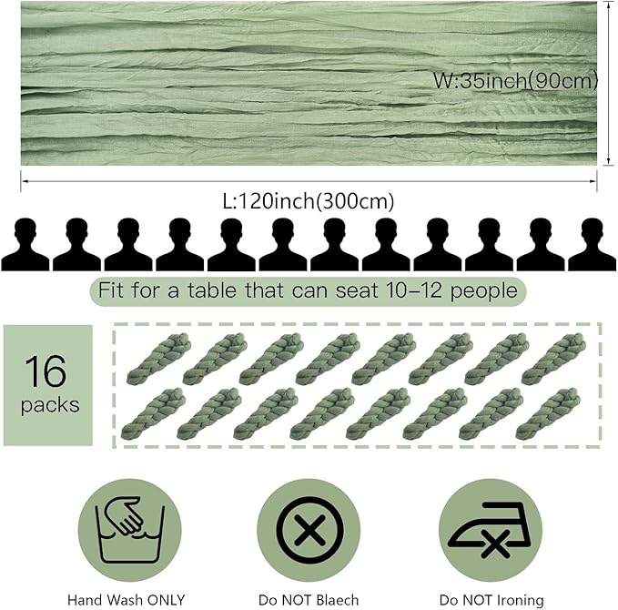 16 Pack Cheesecloth Table Runner, 35x120 Inch Boho Gauze Table Runners, Cheese Cloth Long Table Runner Elegant Table Runners for Party Wedding Bridal Shower Table Decor (Sage Green)