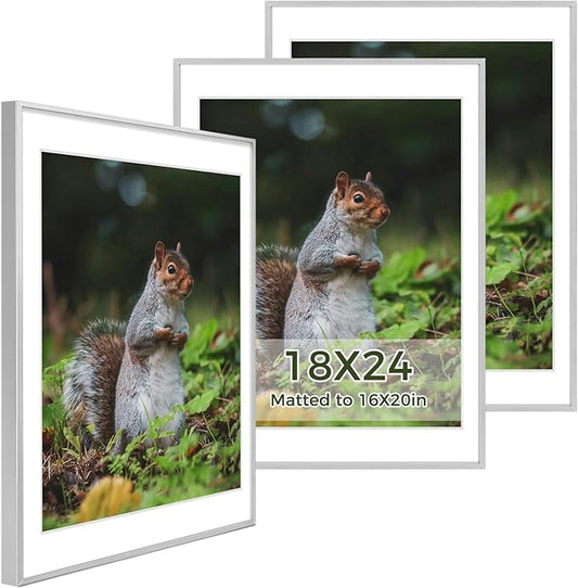 Golden State Art 18x24 Picture Frame 3 Pack - Aluminum Frames with 16x20 Removable Mats & Real Glass, Display 18x24 Posters or 16x20 Photos - Silver Gallery Wall Frames for Home Office Decor