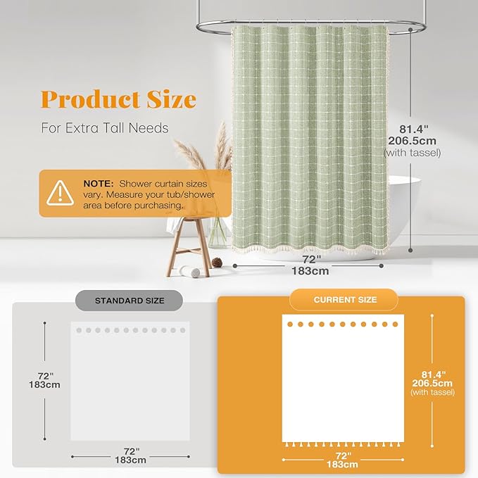 BTTN 80 Inch Long Shower Curtain - 72x80 Boho Farmhouse Linen Vintage Fabric Shower Curtain Set with 12 Plastic Hook, Aesthetic Rustic Country Weighted Cloth Shower Curtains for Bathroom - Sage Green