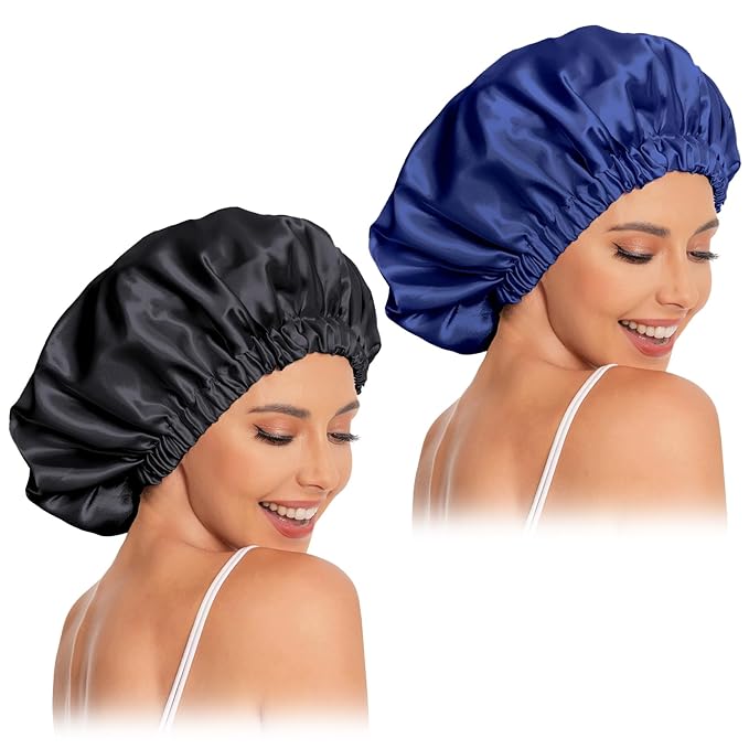 Satin Bonnet Silk Bonnet Hair Bonnet for Sleeping-Slouchy Beanie Hat Satin Sleep Cap for Women's Natural & Curly Hair(Black&Navy)