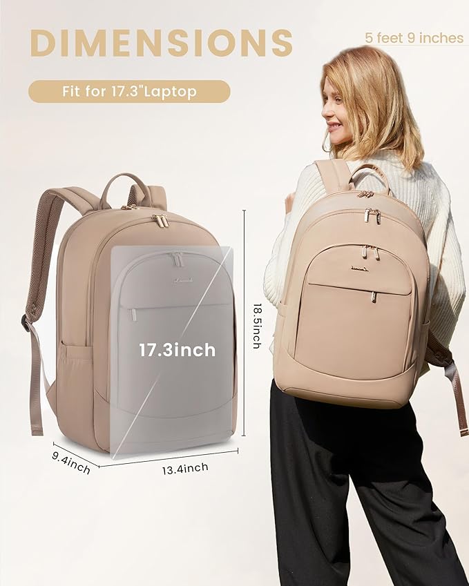 LOVEVOOK Laptop Backpack for Women, 17.3 Inch Work Backpack Purse, Large Capacity Casual Daypack, Business Computer Backpack, Travel Backpack for Gift, Khaki